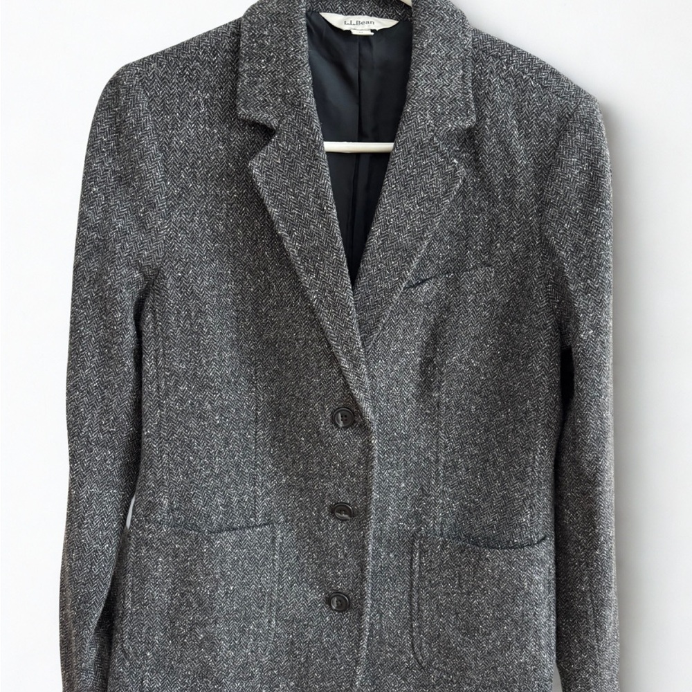 L.L. Bean Women's Wool Blend Grey White Speckle Herringbone Tweed Blazer Medium
